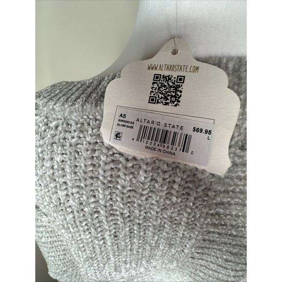 NTW Altar'd State Silver sage gray  chenille crewneck pullover sweater Cropped L - Picture 5 of 10
